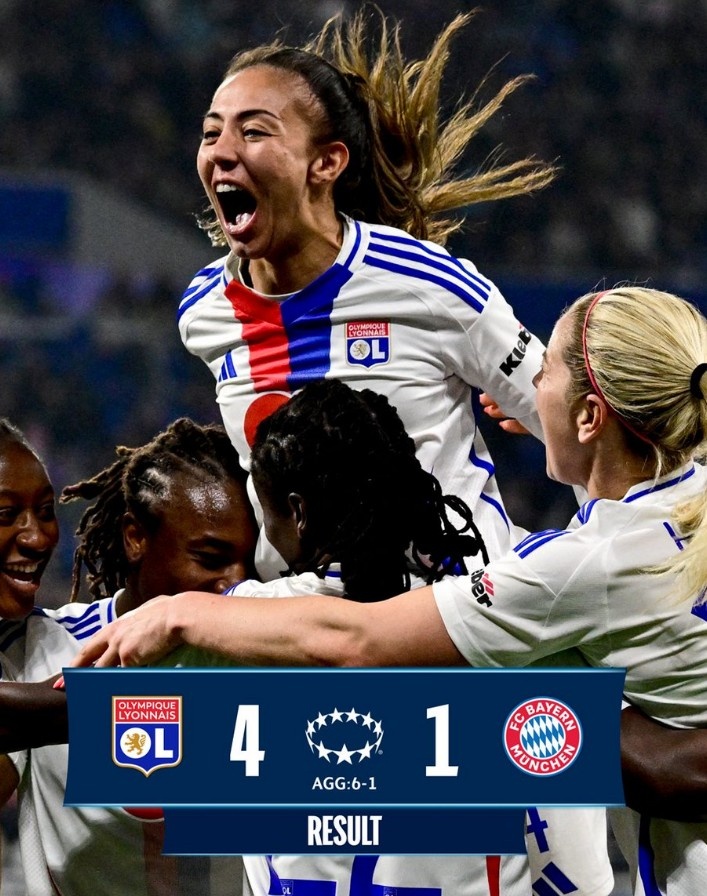里昂女足4-1大勝拜仁女足，總比分6-1晉級(jí)女足歐冠半決賽